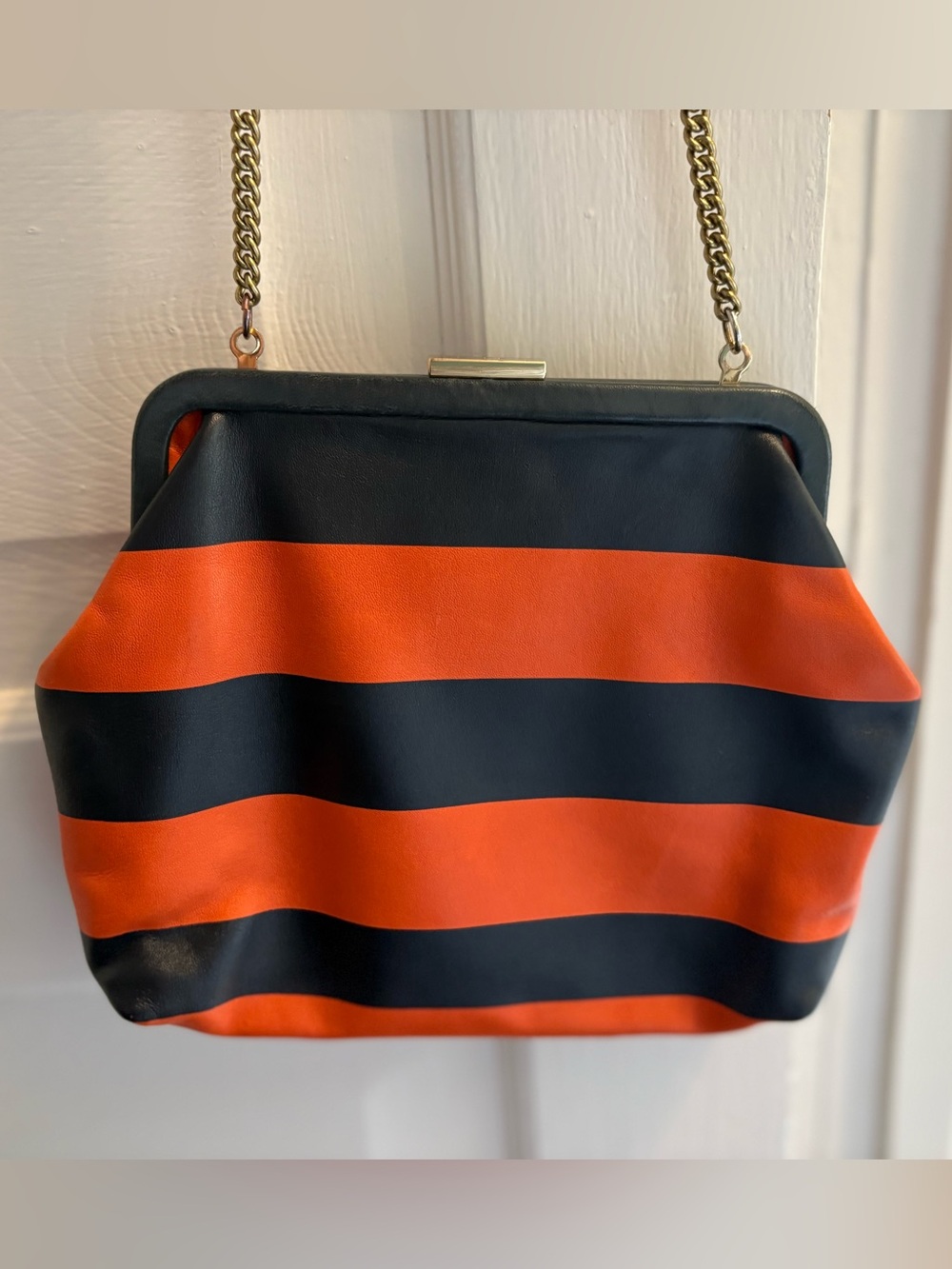 RARE Clare V Flore—Italian Leather in Navy and Orange Stripe - Picture 3 of 10